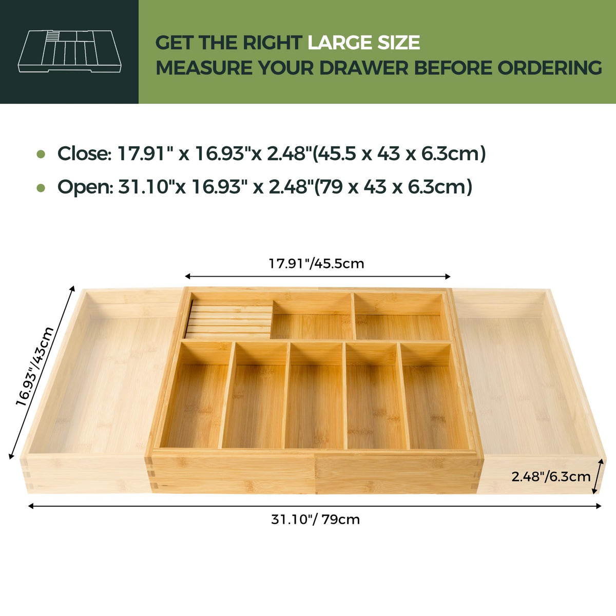 VaeFae expandable silverware organizer stretches to fit large drawers.