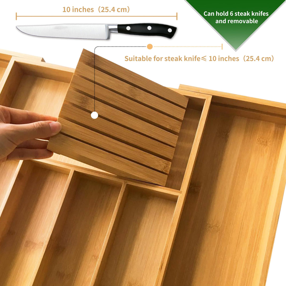 VaeFae expandable utensil tray with divider showcases organized cutlery storage.