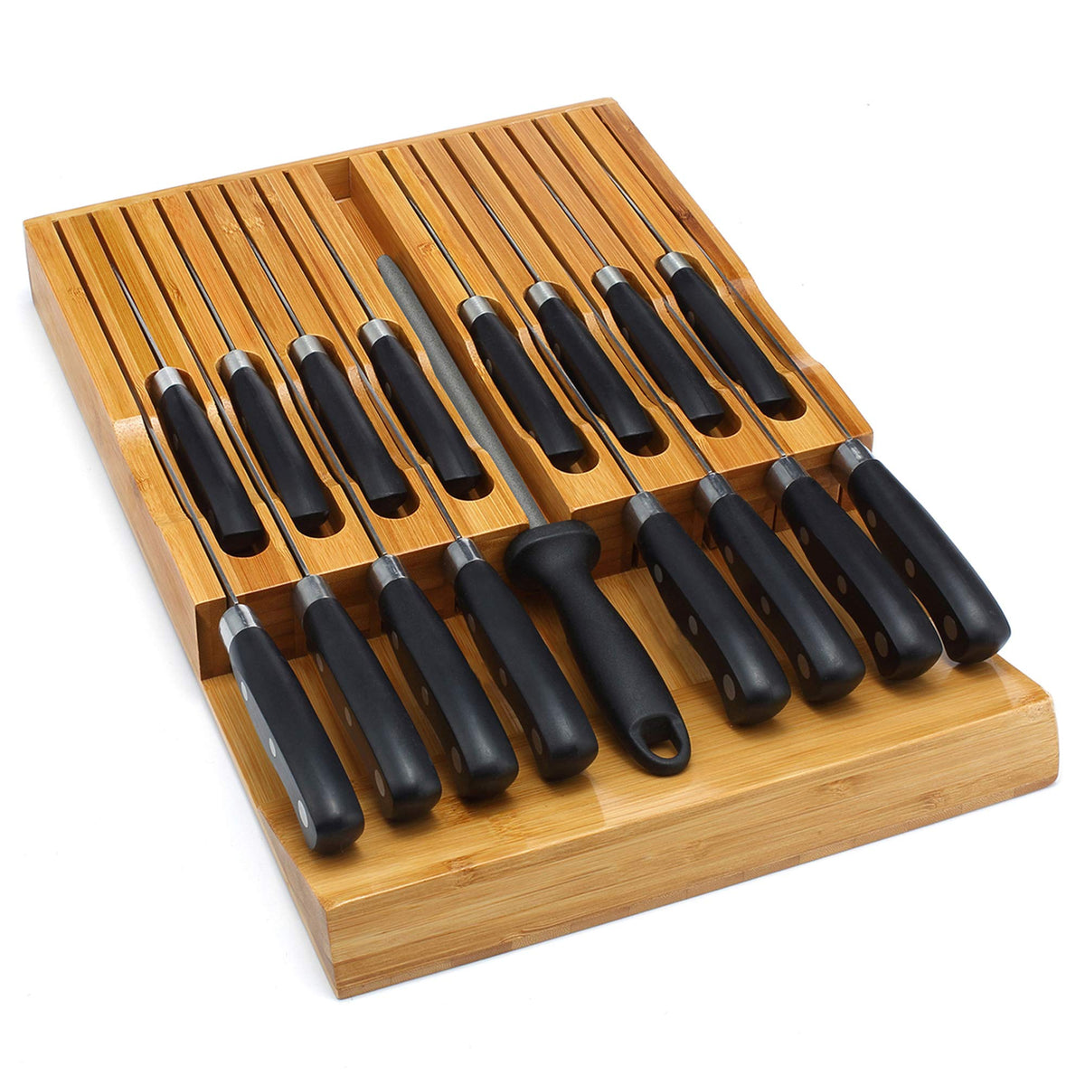 VaeFae in-drawer bamboo knife block front view showing organized slots.
