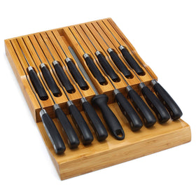 VaeFae in-drawer bamboo knife block front view showing organized slots.