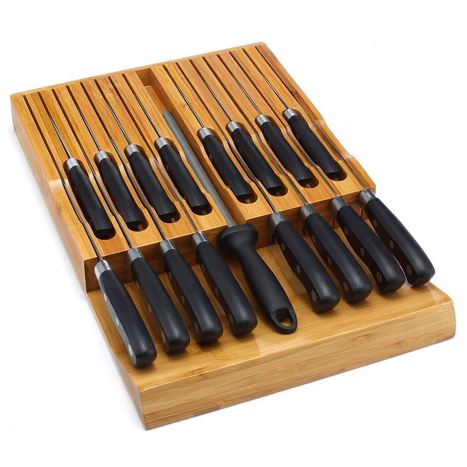 VaeFae in-drawer bamboo knife block front view showing organized slots.