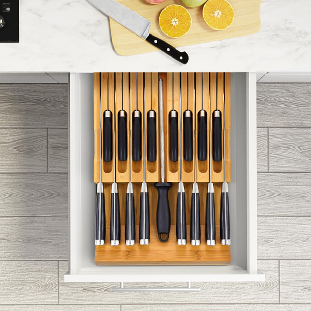 VaeFae kitchen drawer use keeps knives accessible and clutter-free.