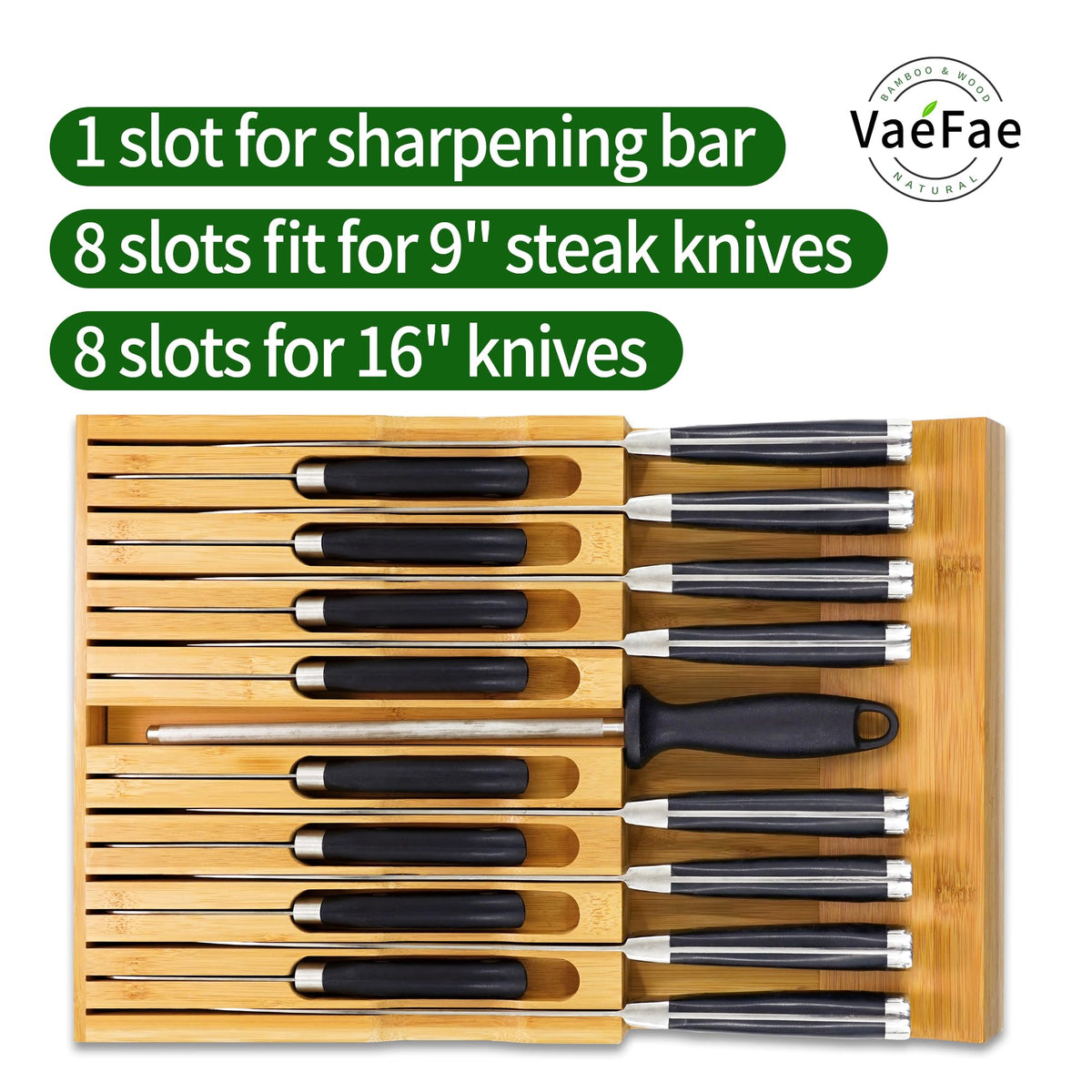 VaeFae knife block with sharpener slot keeps tools neatly stored.