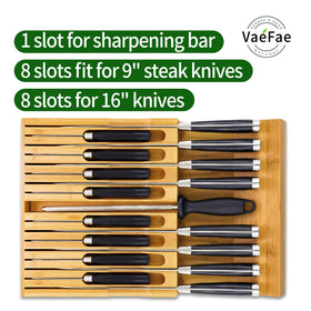 VaeFae knife block with sharpener slot keeps tools neatly stored.