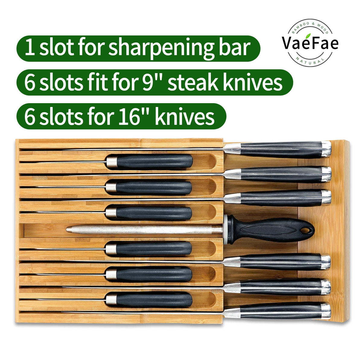 VaeFae 12-slot knife organizer keeps long and short knives secure.