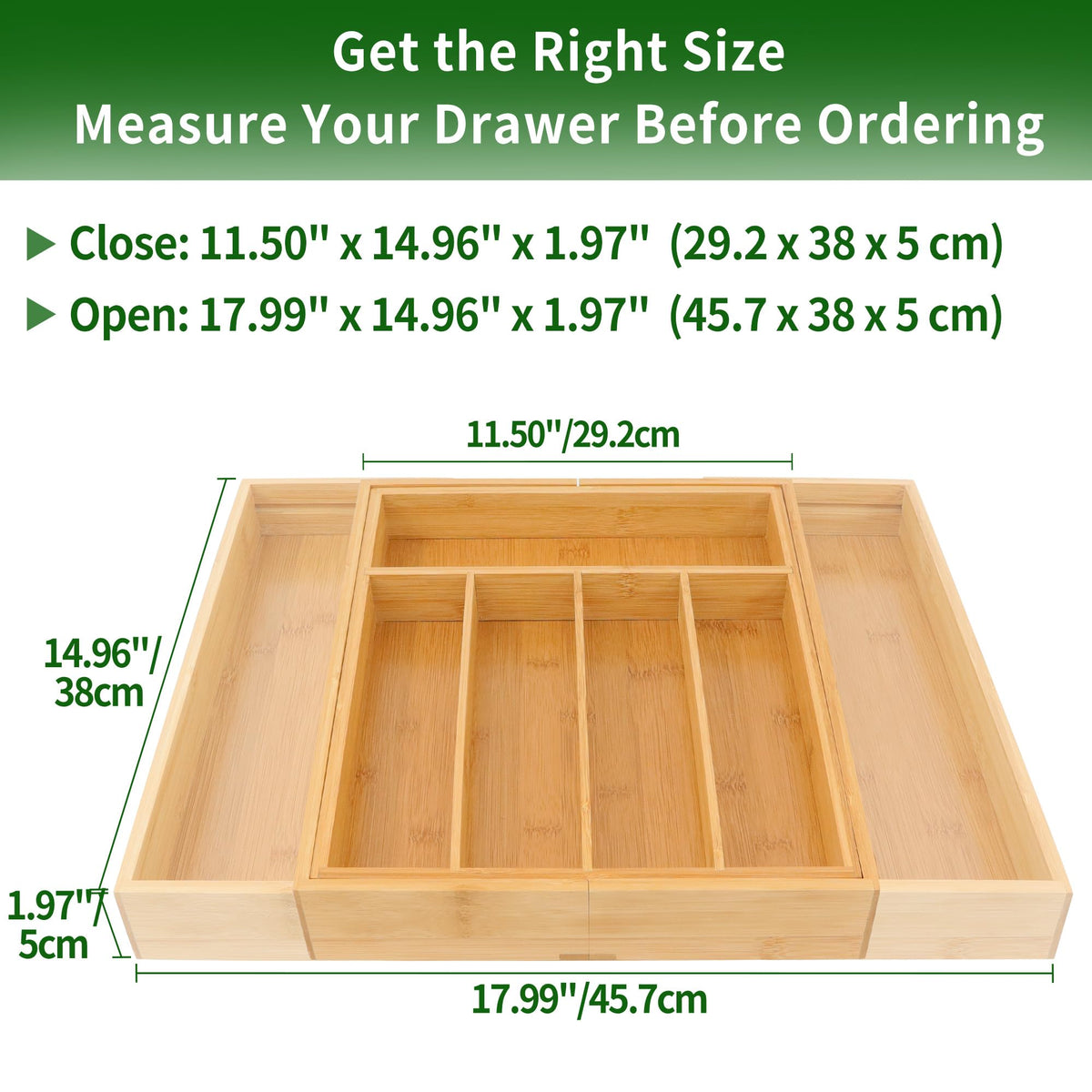VaeFae Bamboo Drawer Organizer with dividers creates customized compartments for utensils.
