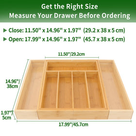 VaeFae Bamboo Drawer Organizer with dividers creates customized compartments for utensils.