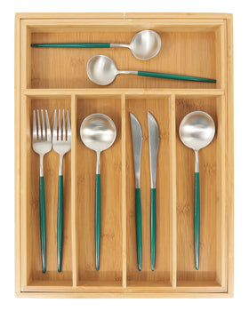 VaeFae Bamboo Drawer Organizer expanded to fit larger drawers for versatile storage.