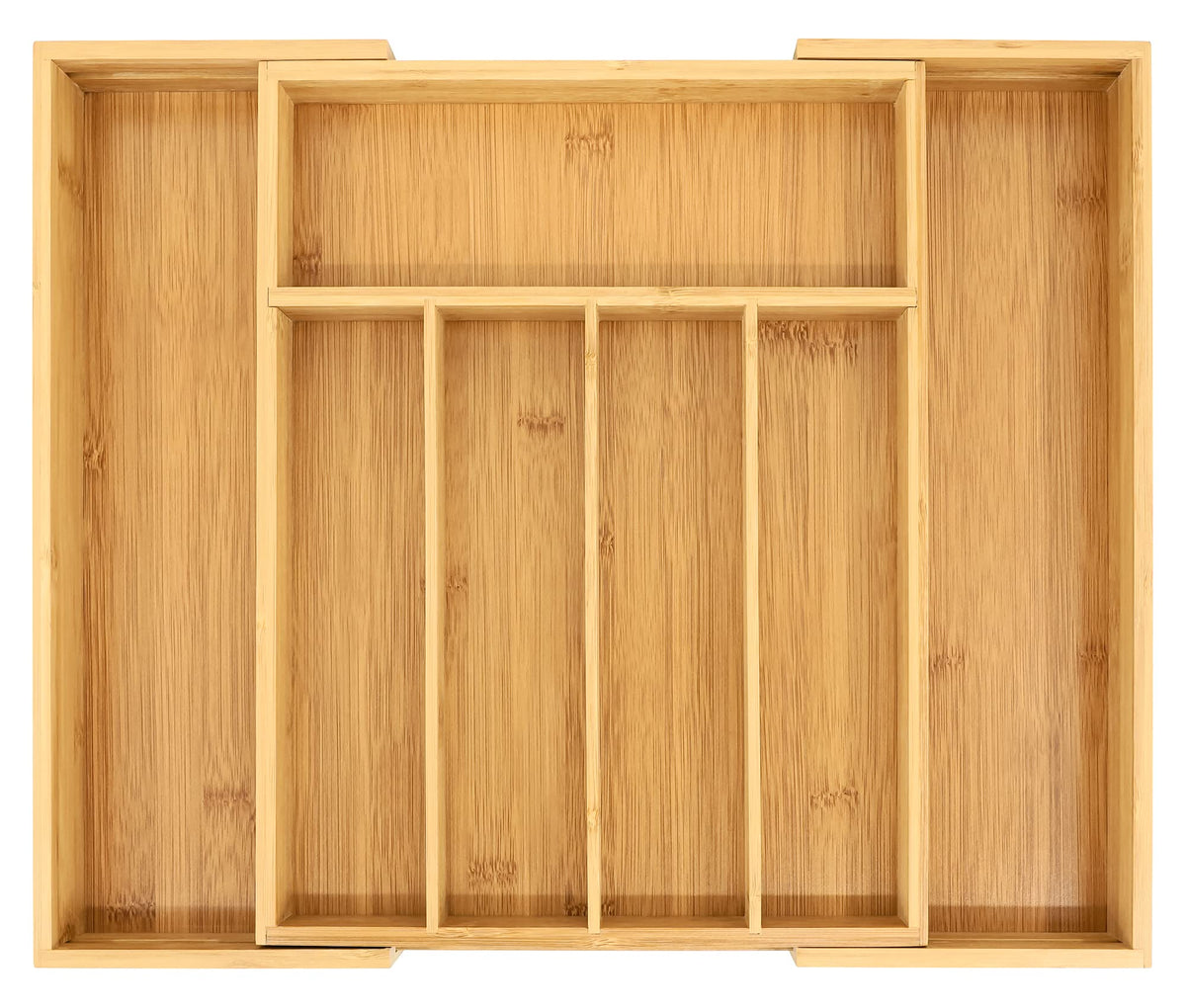 VaeFae Bamboo Drawer Organizer in-drawer view keeps utensils neatly separated.