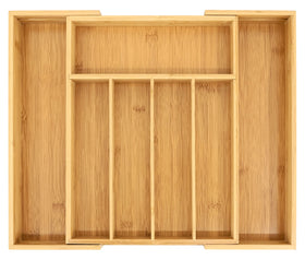 VaeFae Bamboo Drawer Organizer in-drawer view keeps utensils neatly separated.