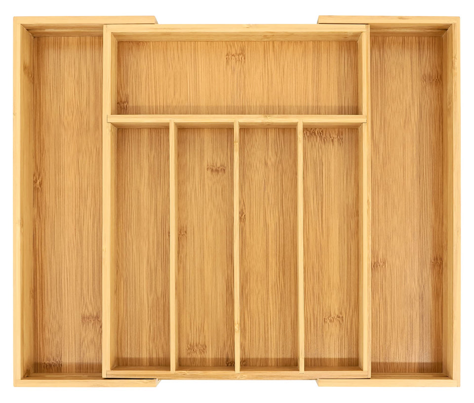 VaeFae Bamboo Drawer Organizer in-drawer view keeps utensils neatly separated.