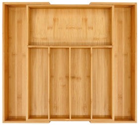 VaeFae premium bamboo expandable drawer organizer in natural finish keeps utensils neatly in place