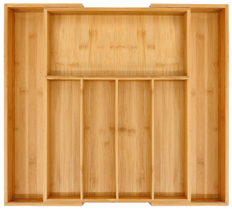 VaeFae premium bamboo expandable drawer organizer in natural finish keeps utensils neatly in place