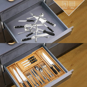 Removable dividers create 5–7 compartments for forks, spoons, and spatulas
