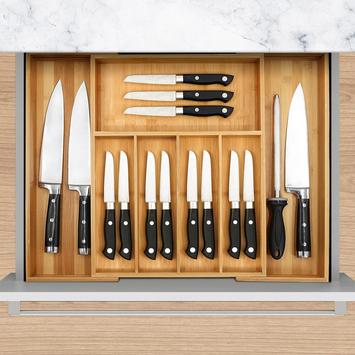 Removable knife block design keeps sharp blades safely organized for quick access