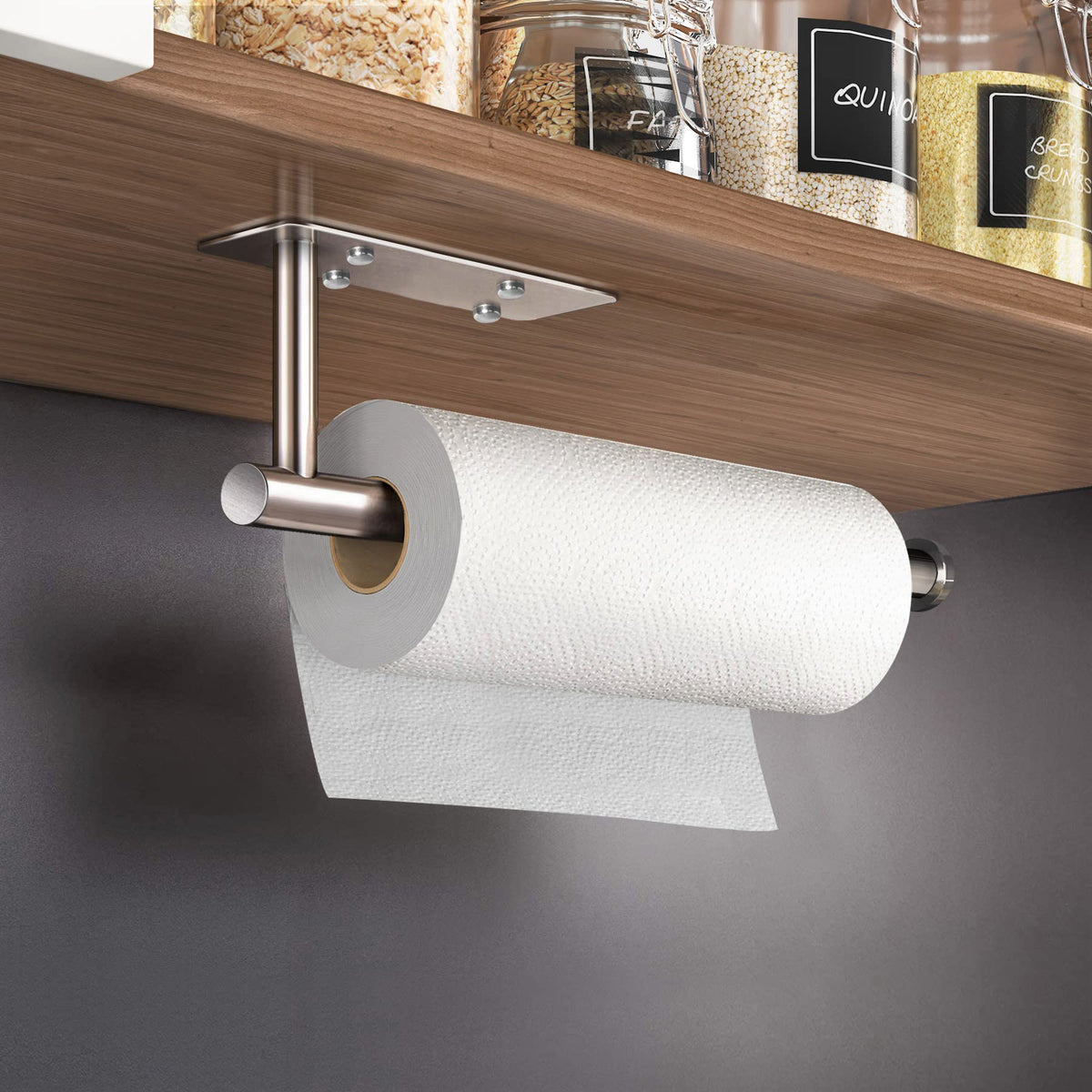 Brushed SUS304 stainless steel paper towel bar by VAEHOLD for durable kitchen organization.