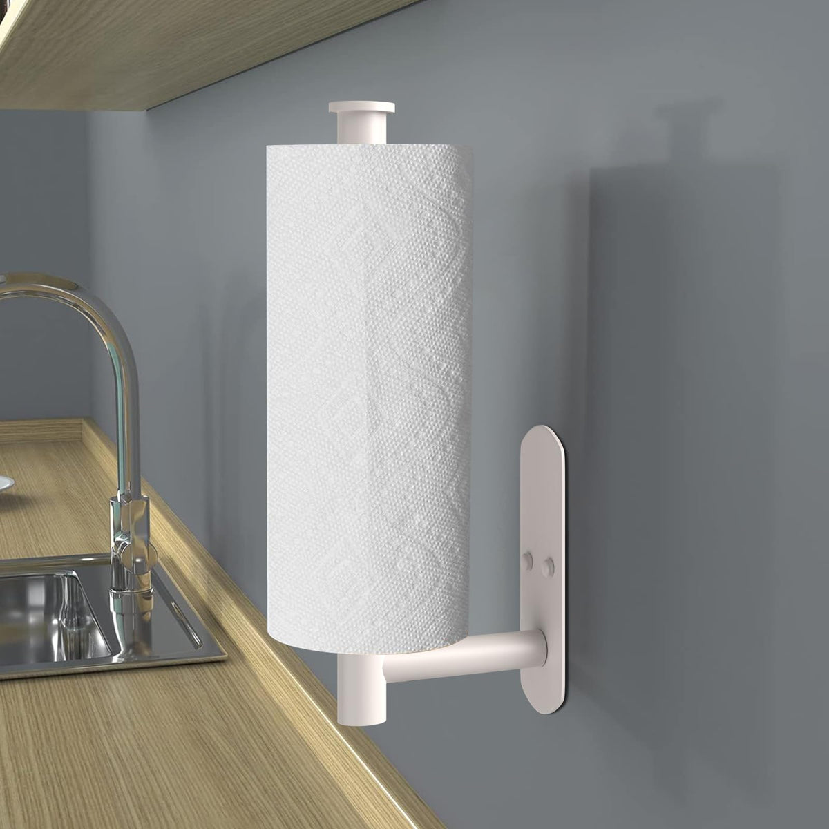 VAEHOLD kitchen setup with paper towel holder mounted under cabinet