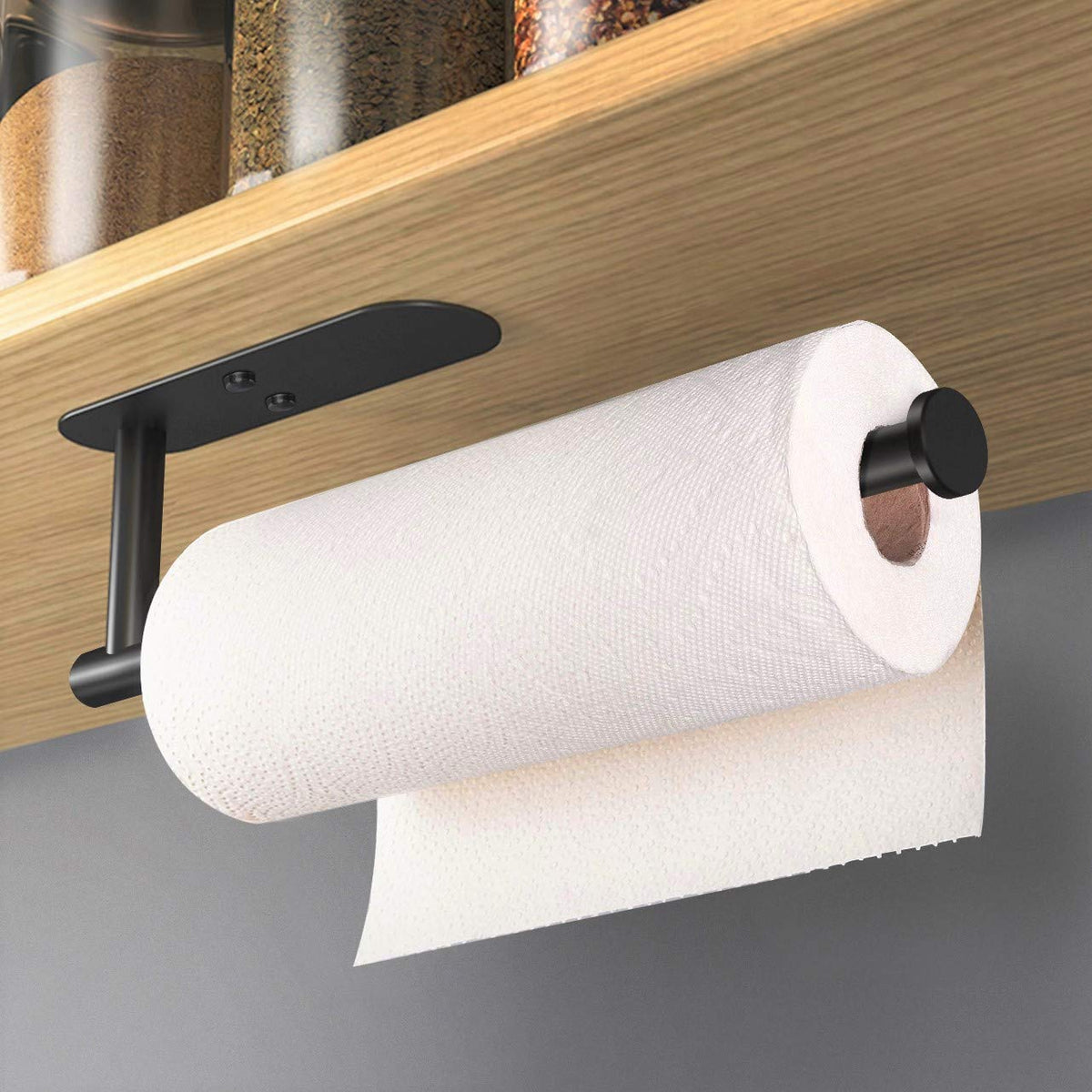 VAEHOLD black stainless steel wall-mount towel holder in kitchen.
