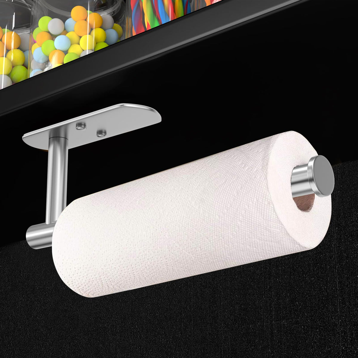 Under-cabinet VAEHOLD mount in a modern kitchen for easy towel access