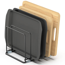 VAEKUCEAN cutting board organizer front view for tidy cabinet storage.