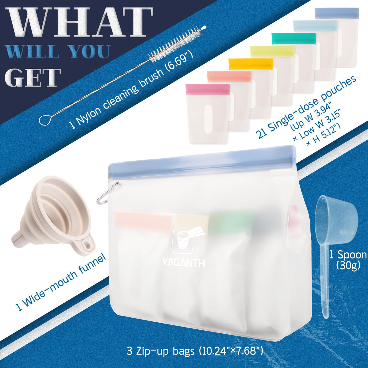 VAGANTH travel kit showing large zip bags for organized supplements