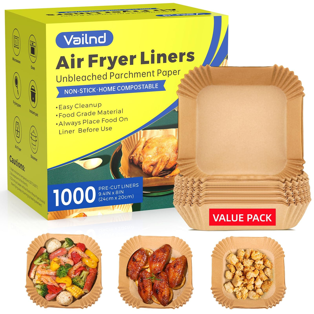 Vailnd 1000-pcs airfryer liners 8-inch square protect baskets and minimize sticking.