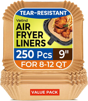 Vailnd 250pcs 9-inch square air fryer liners package for easy cleanup.