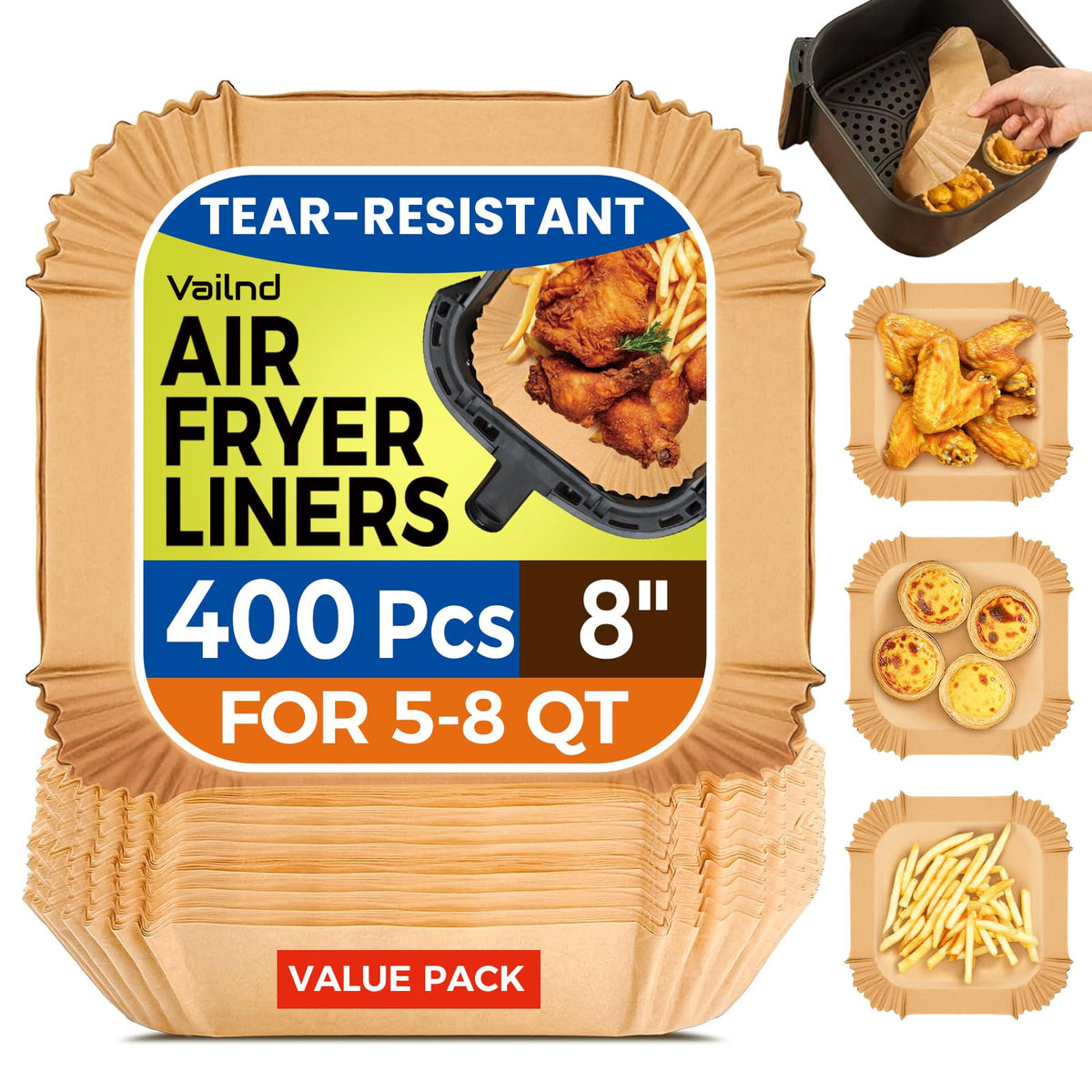 Vailnd 400pcs air fryer liners pack, non-stick for easy cleanup.