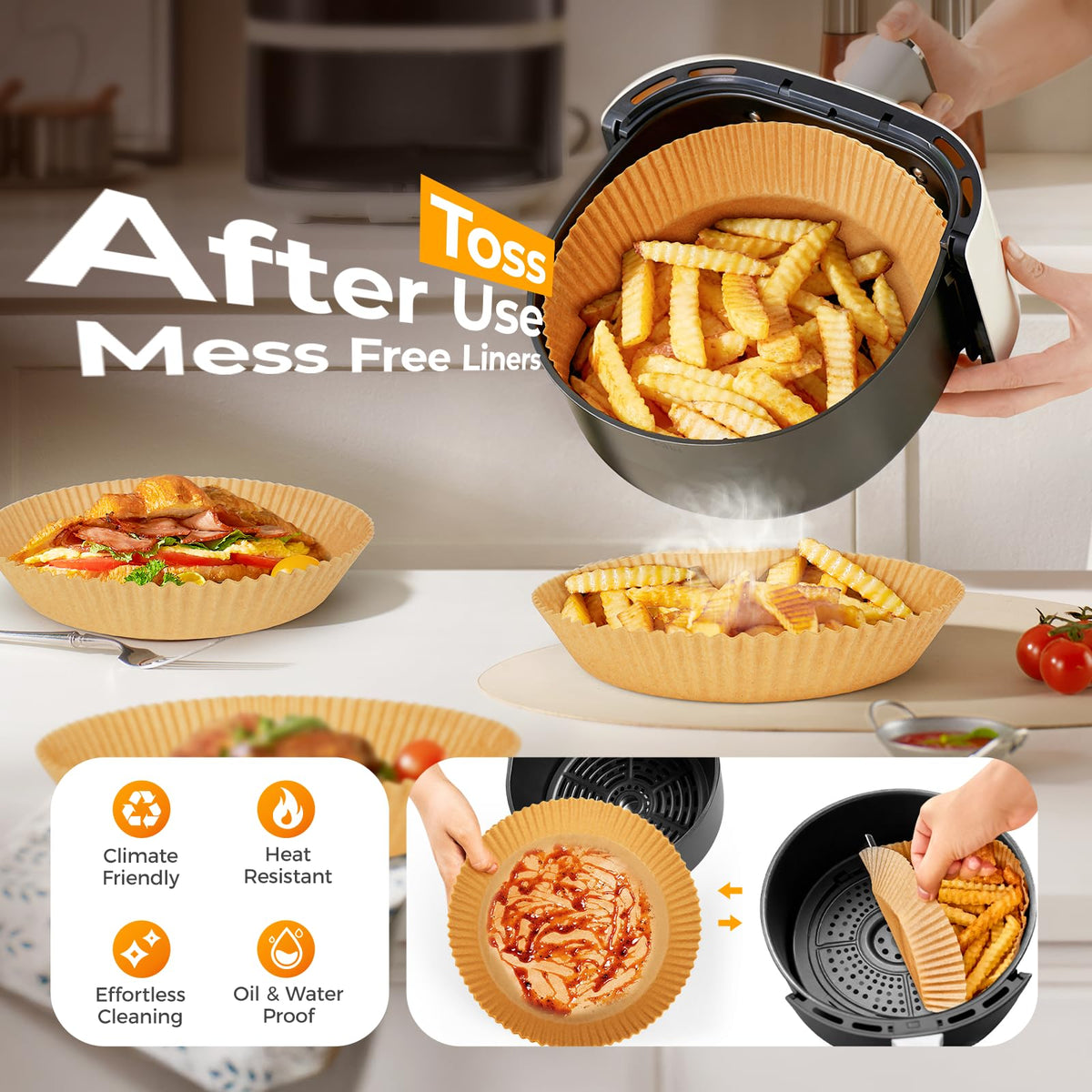 Vailnd 8-inch round liner placed in air fryer basket ready to use