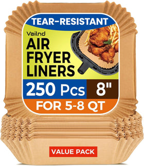 Vailnd 8-inch square air fryer liners pack for mess-free cooking.
