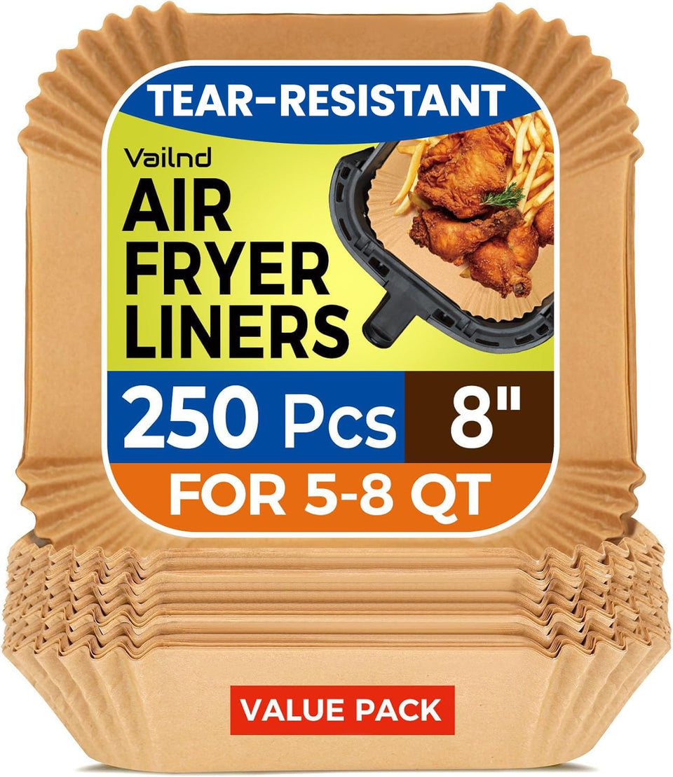 Vailnd 8-inch square air fryer liners pack for mess-free cooking.