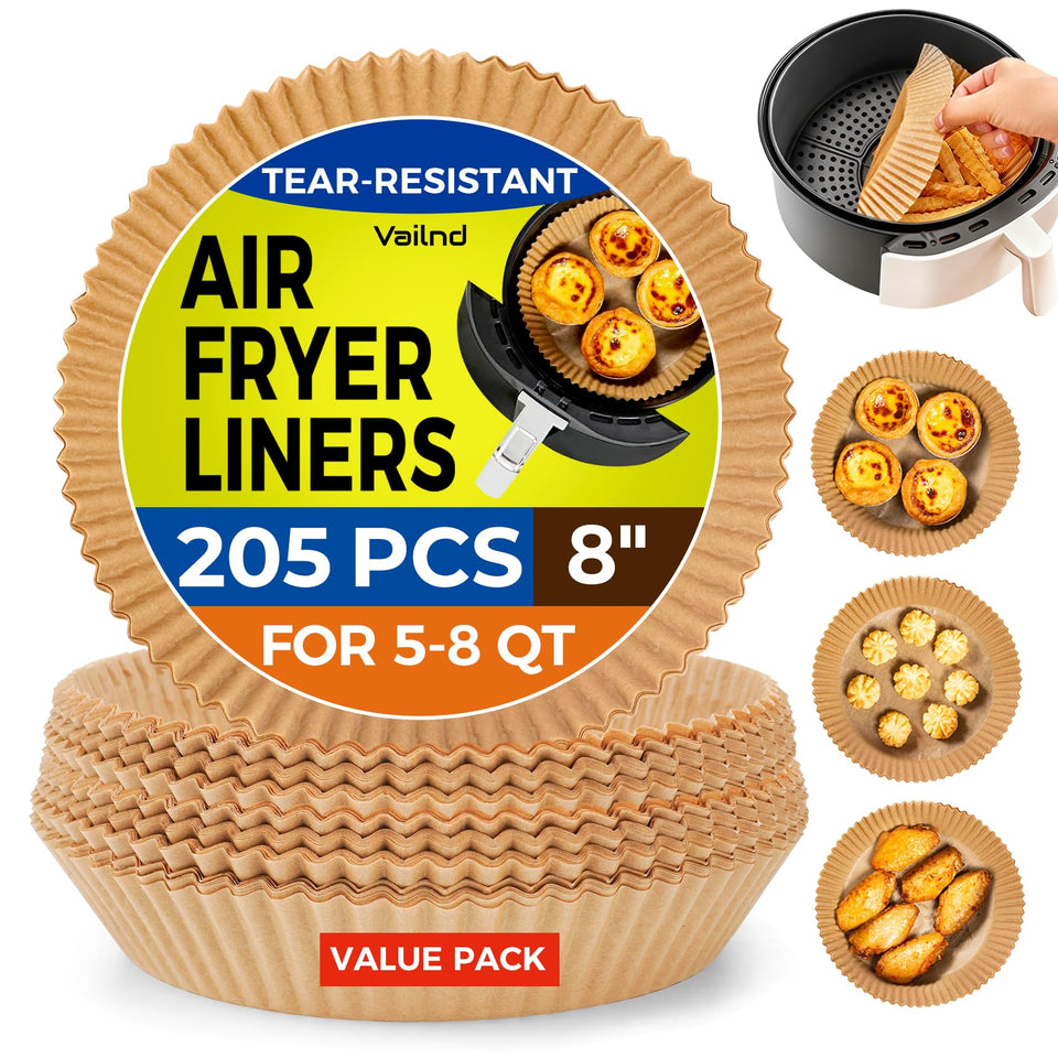 Vailnd 8-inch air fryer liners in round pack for clean baskets and easy reuse