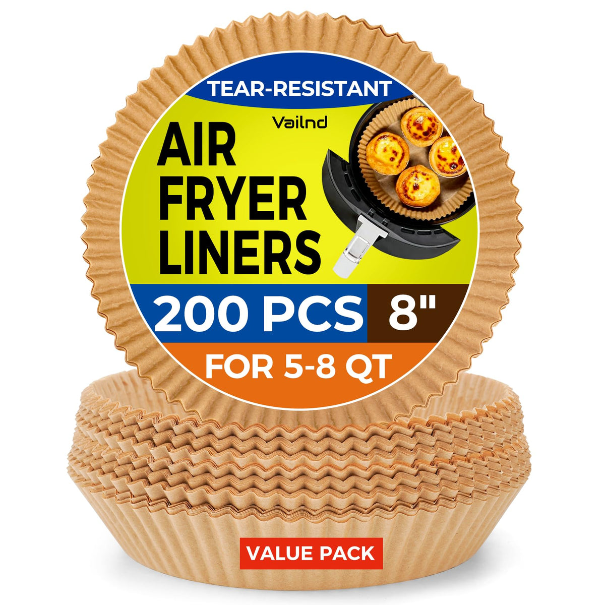 Vailnd 8-inch round air fryer liner protects basket bottom with non-stick surface.
