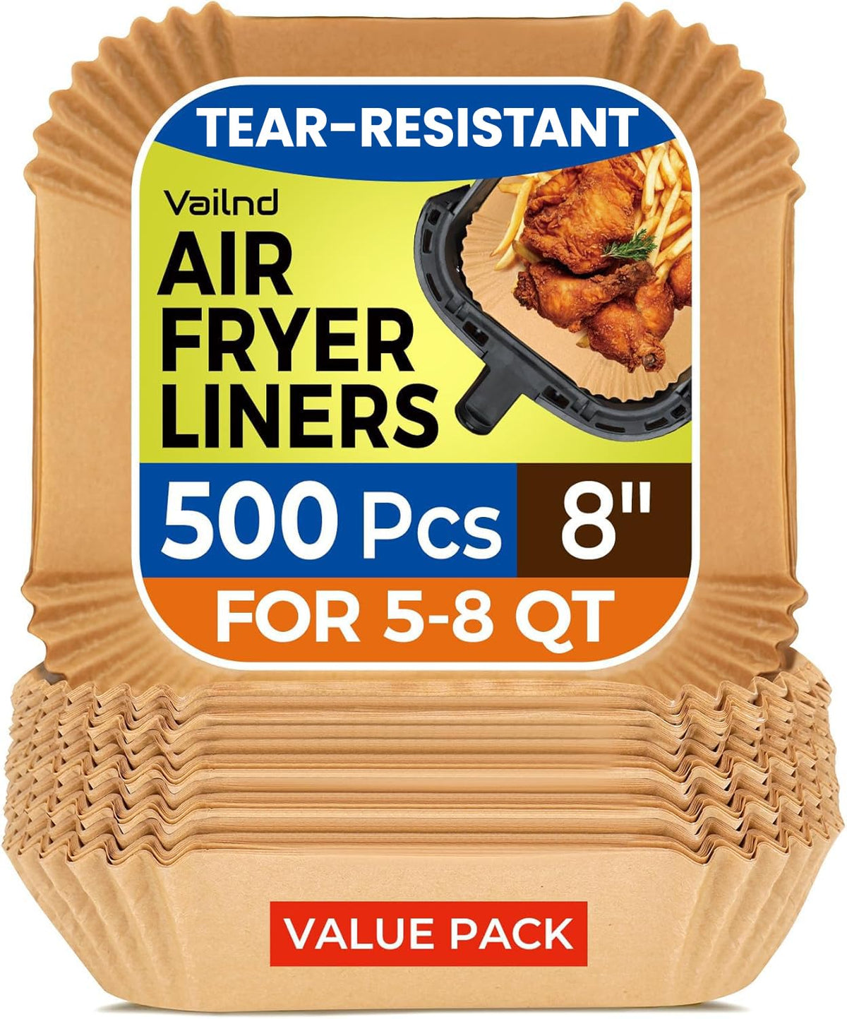 Vailnd 8-inch square air fryer liners in use, preventing sticking and mess.