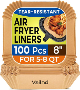 Vailnd air fryer liners packaging shows a 100-piece box for easy stocking.