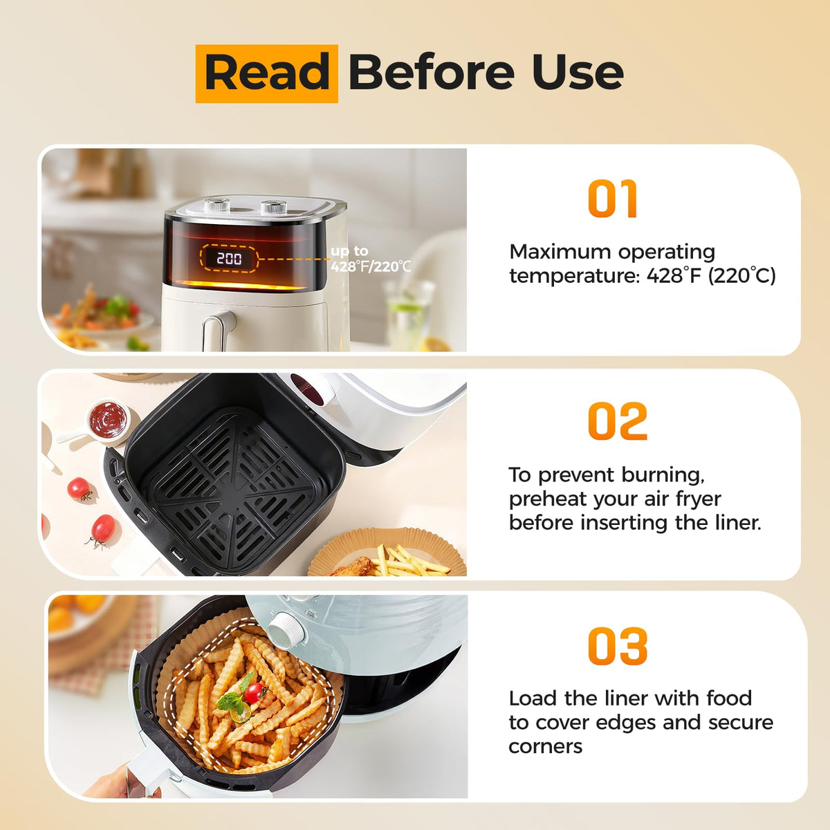 Liner withstands up to 428F for high heat cooking