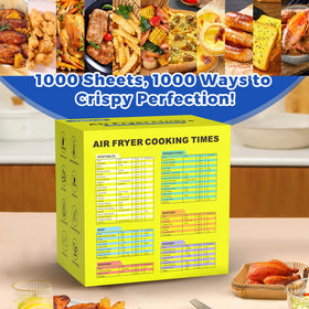 Vailnd printed airfryer guide shows 65+ foods for faster cooking times.