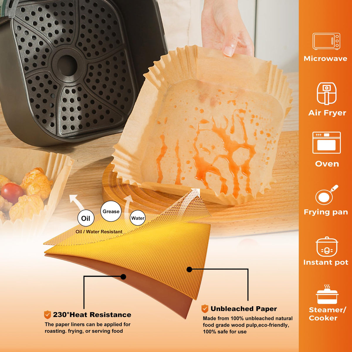 Vailnd round bowl shape protects air fryer interior and reduces mess.