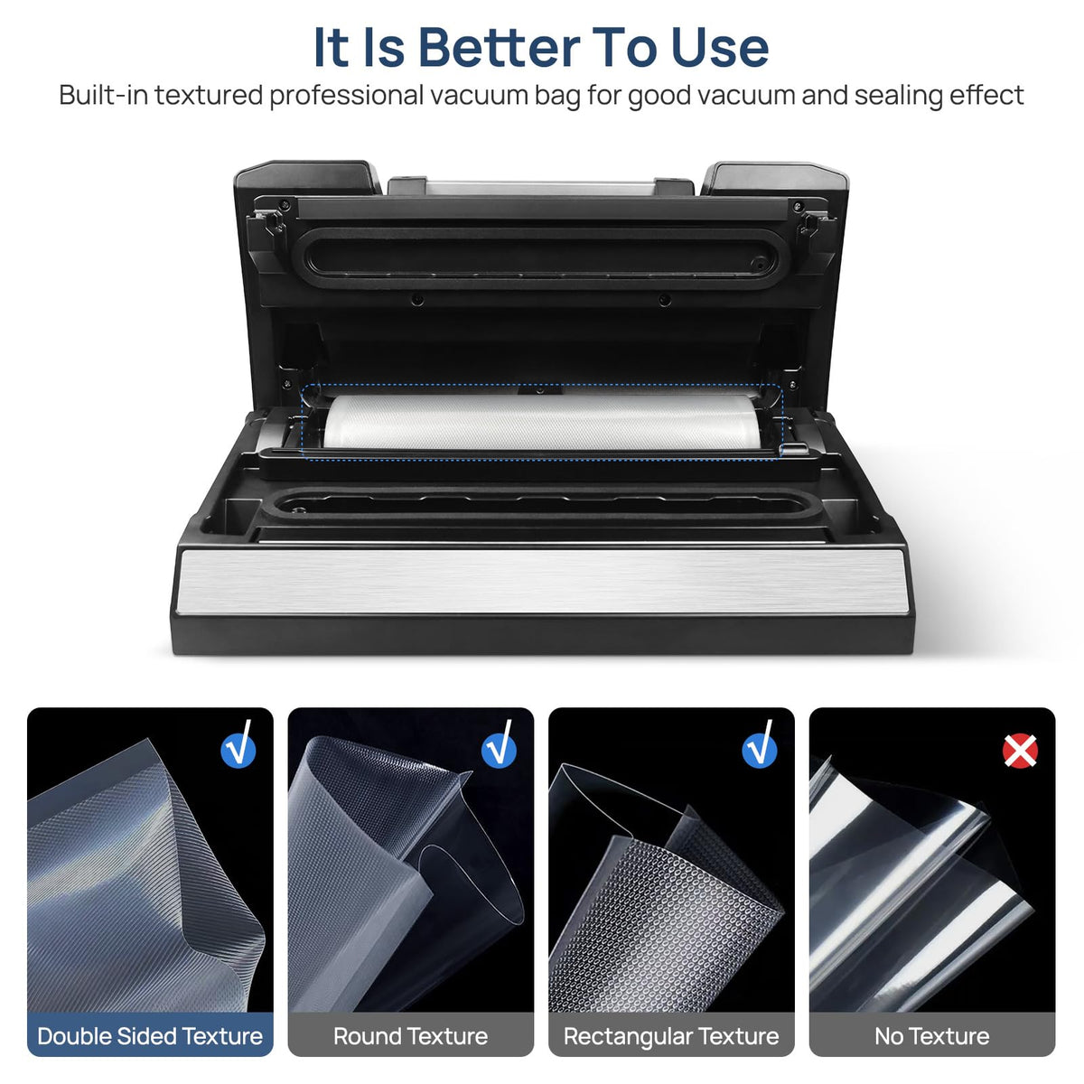 Vakumar removable drip tray keeps counters clean during sealing.