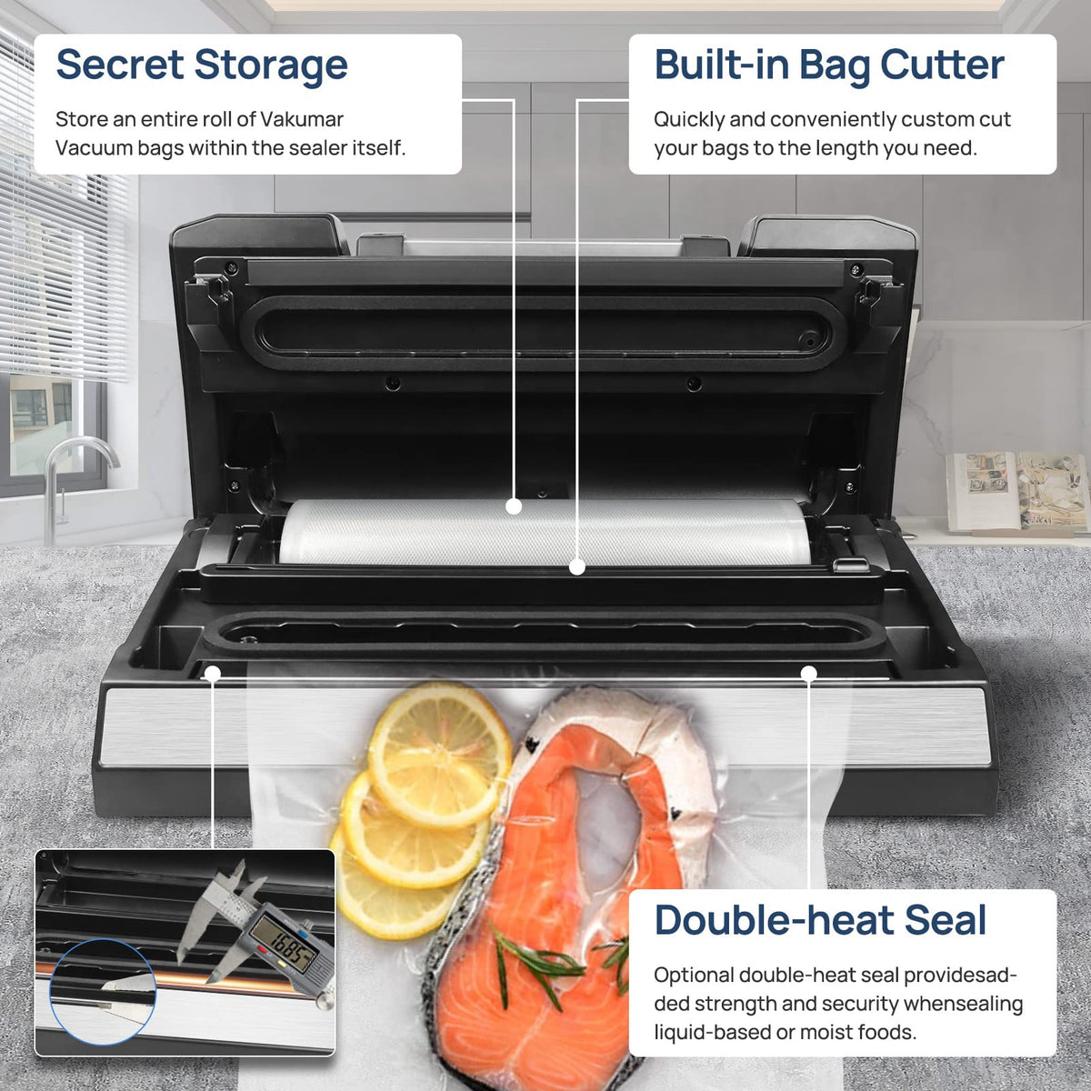 Vakumar sealer in dry/moist mode preserves pantry staples with precise vacuum.