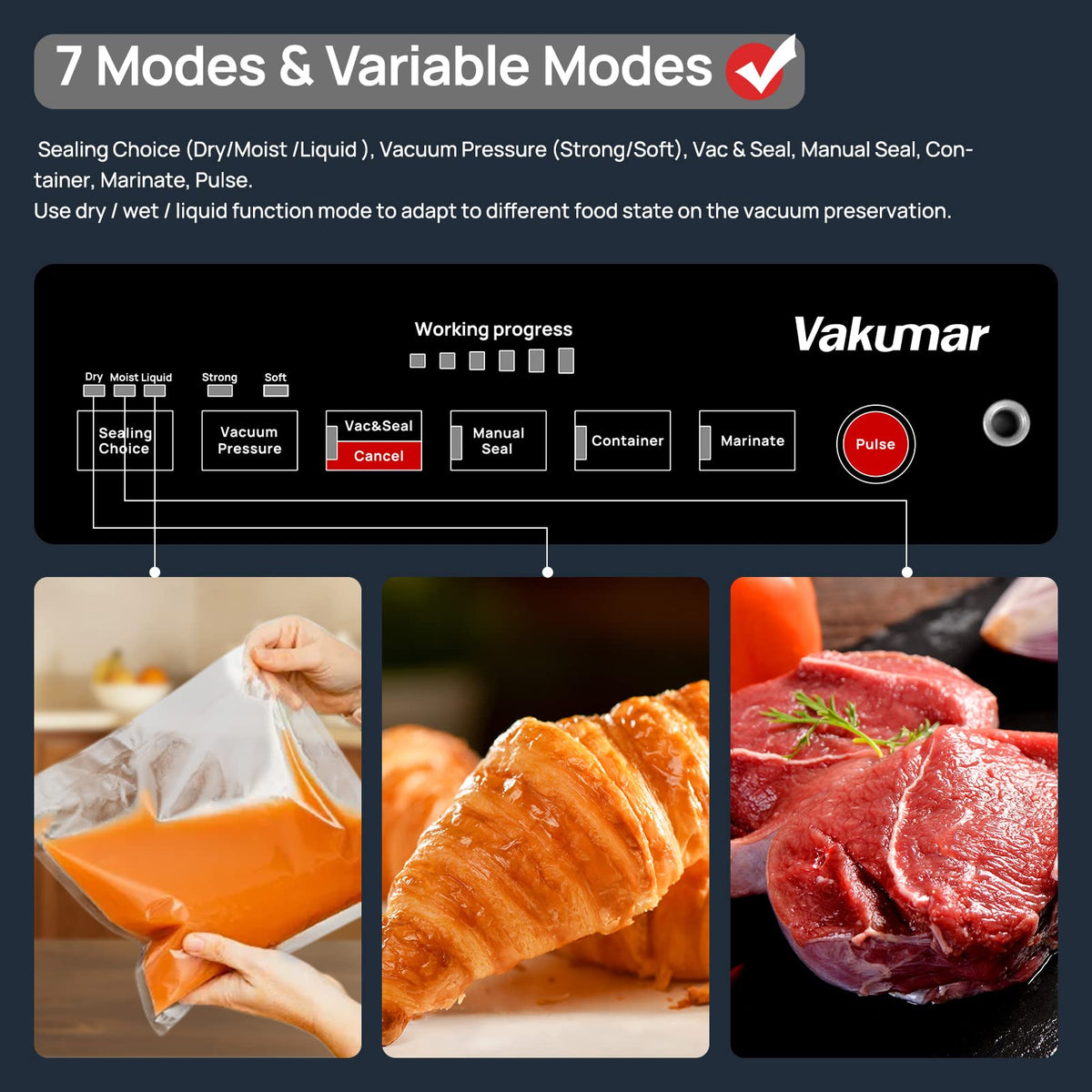 Vakumar vacuum sealer liquid mode enables sealing soups and sauces securely.