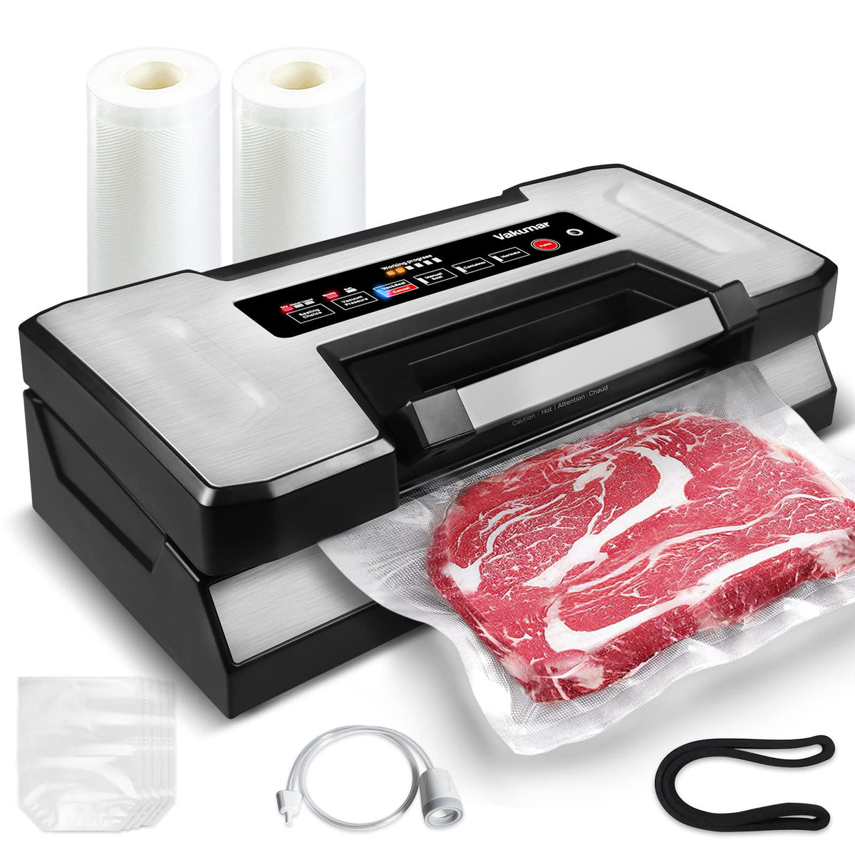 Vakumar vacuum sealer machine front view shows compact stainless steel design for easy countertop use.