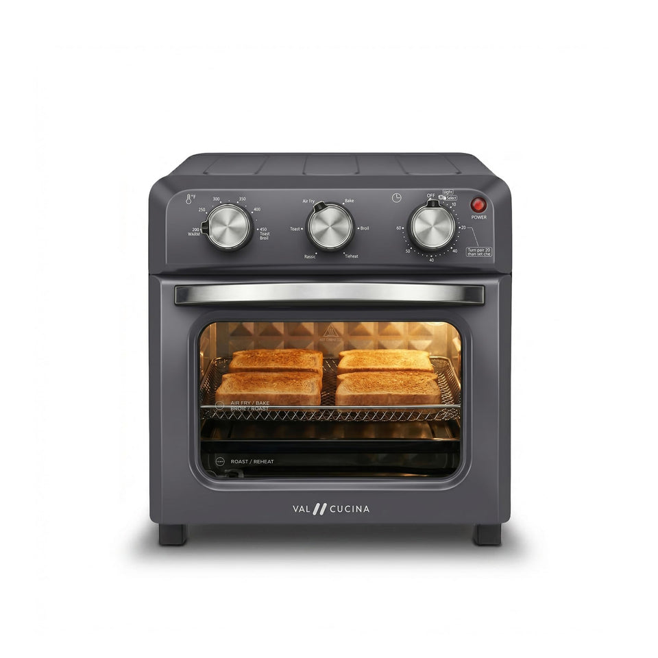VAL CUCINA 6-in-1 air fryer toaster oven front view for compact everyday meals.