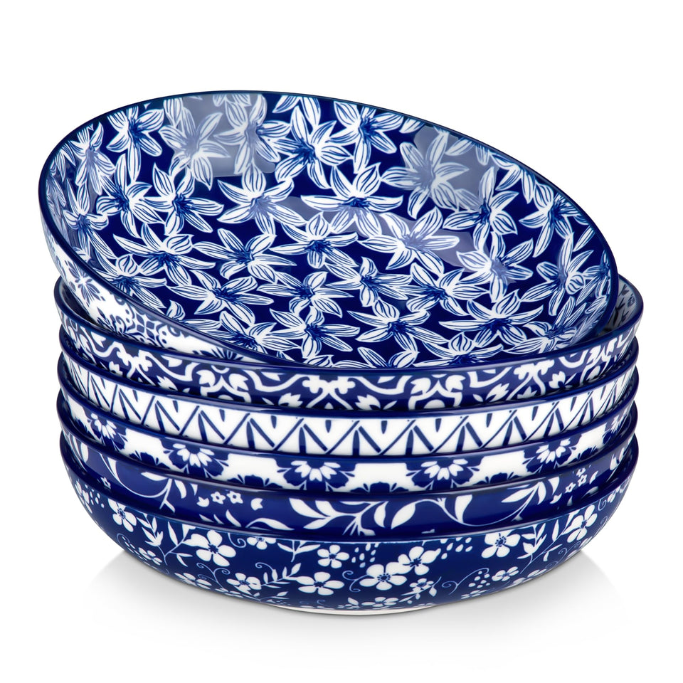 Vancasso 50oz pasta bowls set in blue white floral for sharing large portions