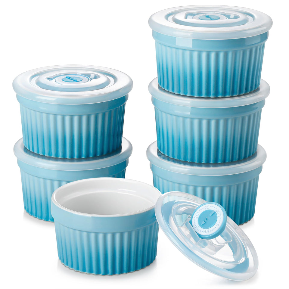 Vancasso 8oz ramekins with lid in blue glaze, ideal for individual portions.