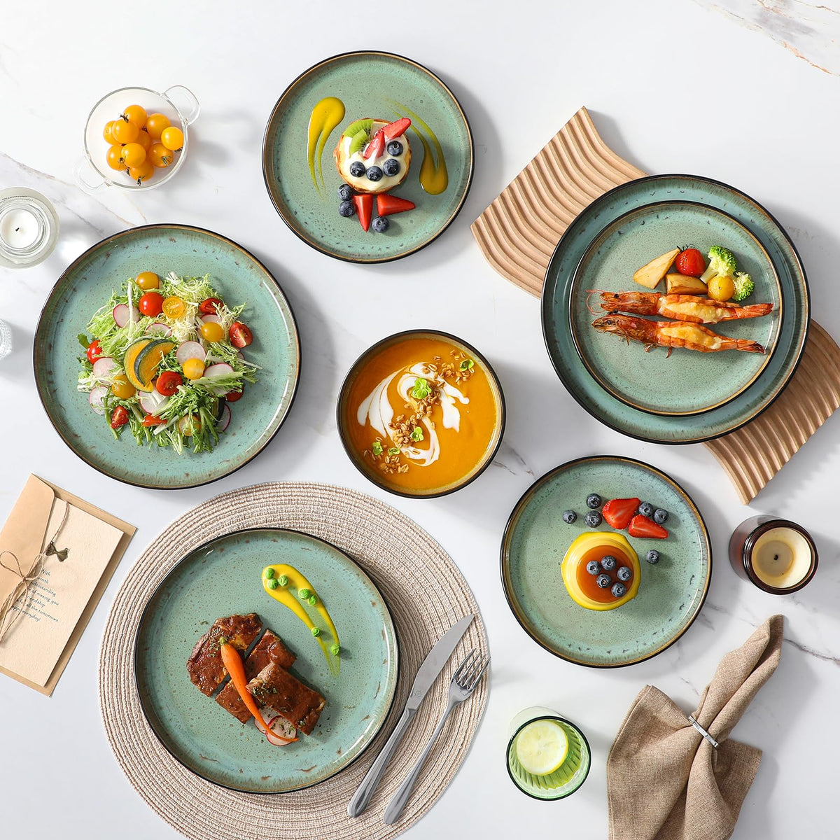 Vancasso AMBER turf green plates close-up showing kiln-transformed glaze color variations.