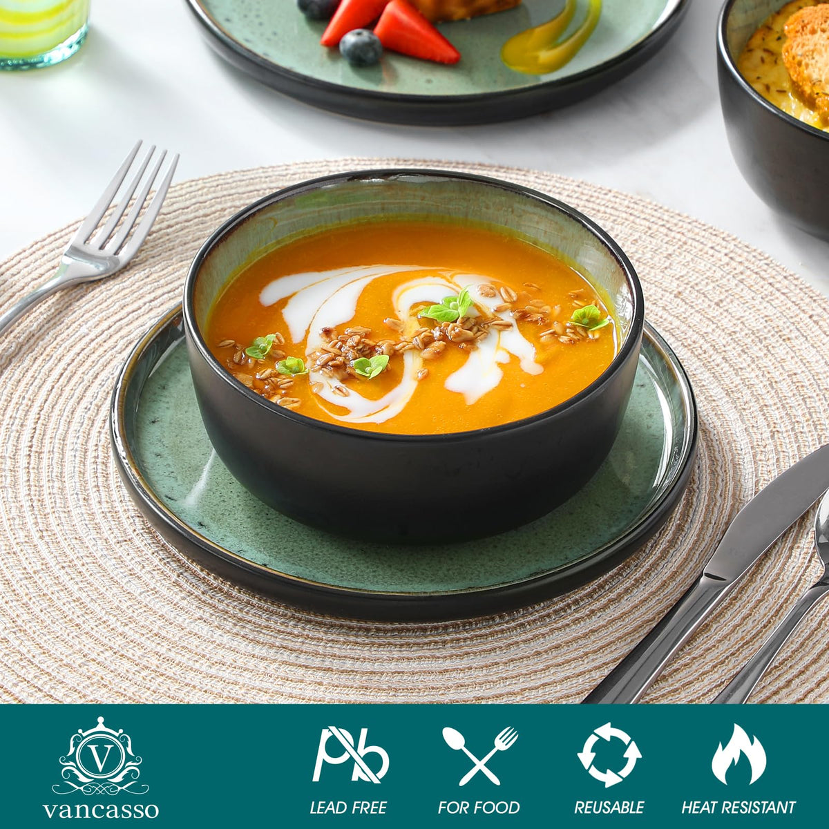Vancasso AMBER turf green bowls designed for easy cleaning after meals.