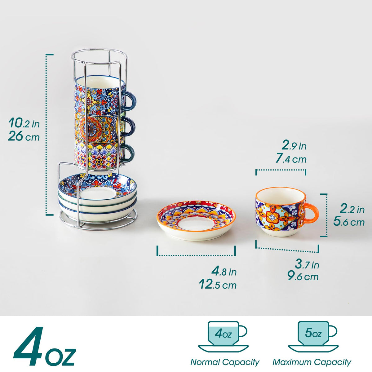 Vancasso Bohemian ceramic cappuccino cups with vibrant patterns in bright colors
