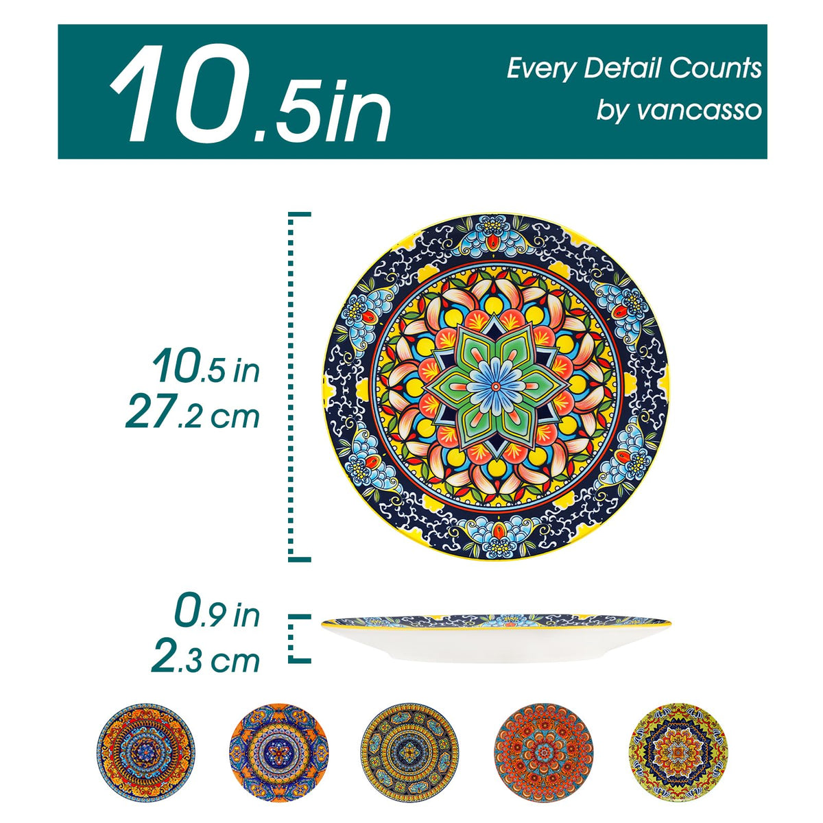 Vancasso Bohemian-pattern dinner plate 10.5-inch adds vibrant style to gatherings.