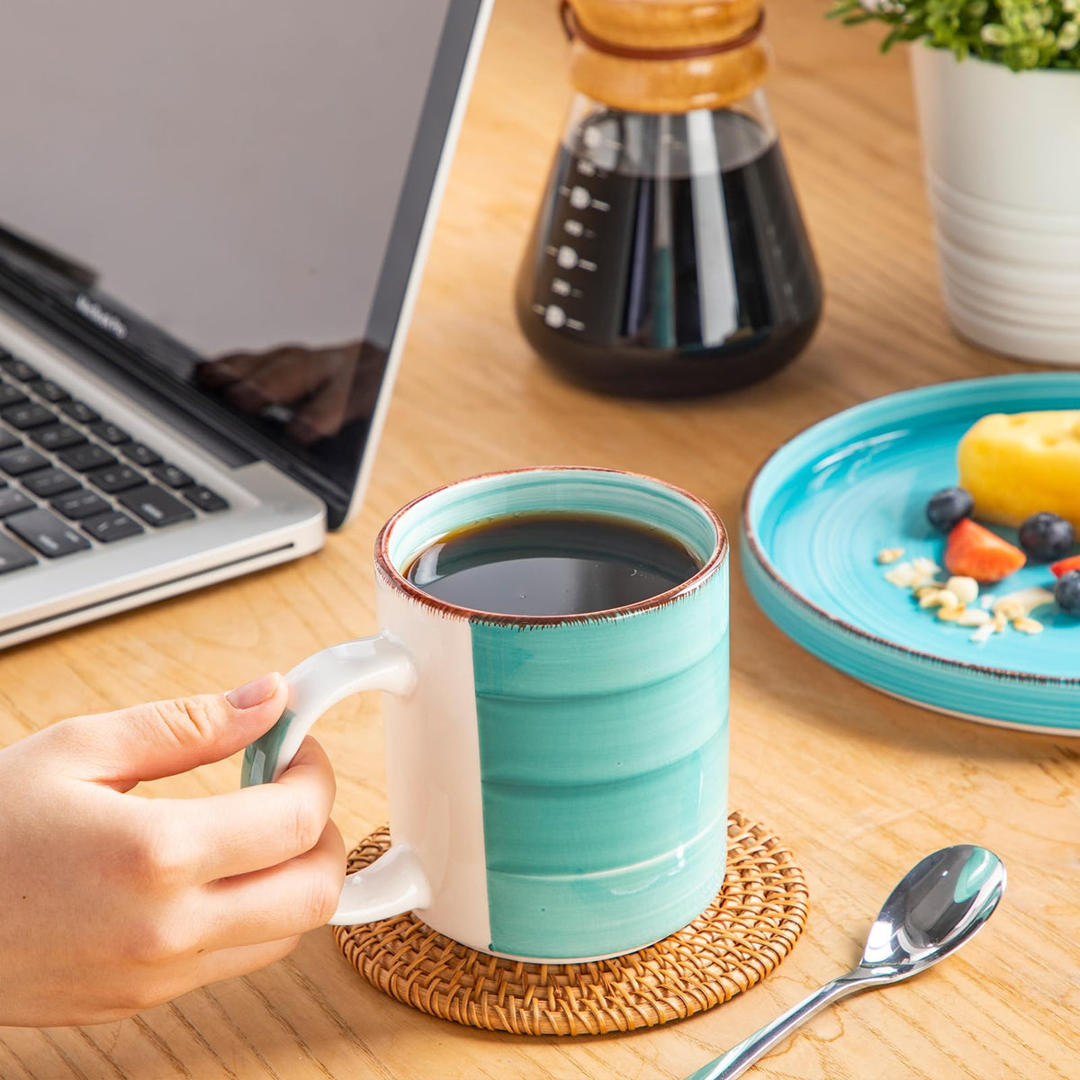 Blue Bonita mug set shown as a vibrant addition to any table setting.